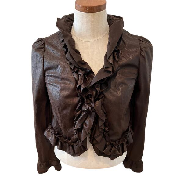 INC International Concepts Faux Suede Cropped Ruffle Trim Jacket Espresso - Picture 1 of 6